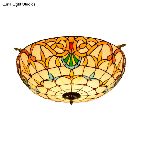 Handcrafted Baroque Dome Semi Flush Mount Stained Glass Ceiling Lamp - 5 Bulbs White/Blue 21.5/25.5