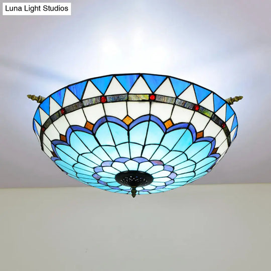 Handcrafted Baroque Dome Semi Flush Mount Stained Glass Ceiling Lamp - 5 Bulbs White/Blue 21.5/25.5