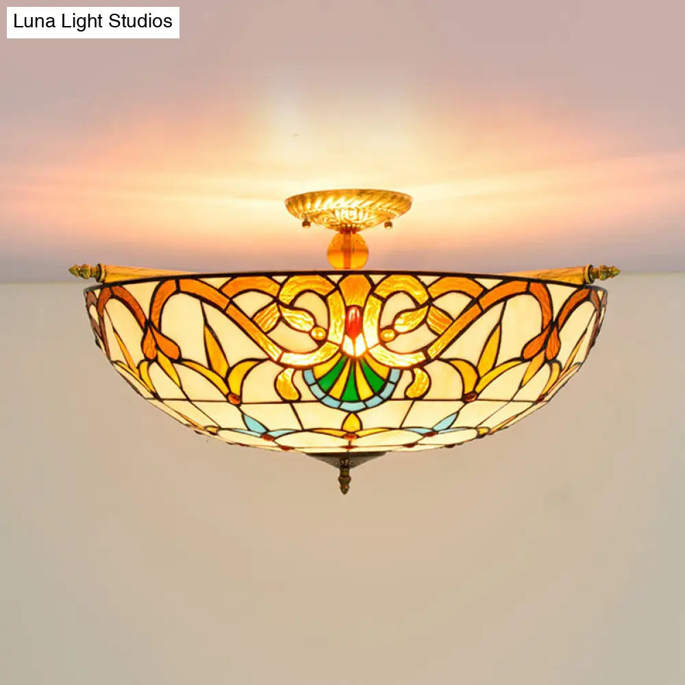 Handcrafted Baroque Dome Semi Flush Mount Stained Glass Ceiling Lamp - 5 Bulbs White/Blue 21.5/25.5