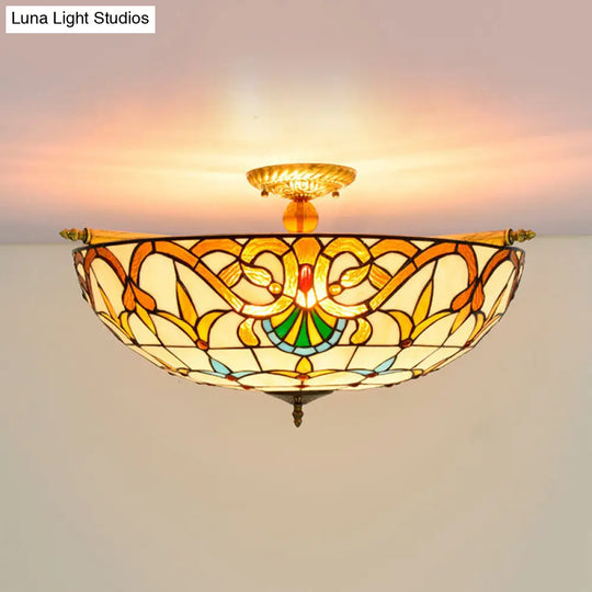 Handcrafted Baroque Dome Semi Flush Mount Stained Glass Ceiling Lamp - 5 Bulbs White/Blue 21.5/25.5