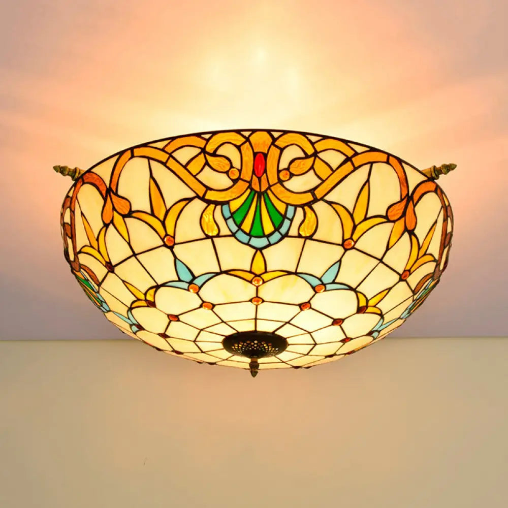 Handcrafted Baroque Dome Semi Flush Mount Ceiling Lamp With 5 Stained Glass Bulbs In White/Blue –