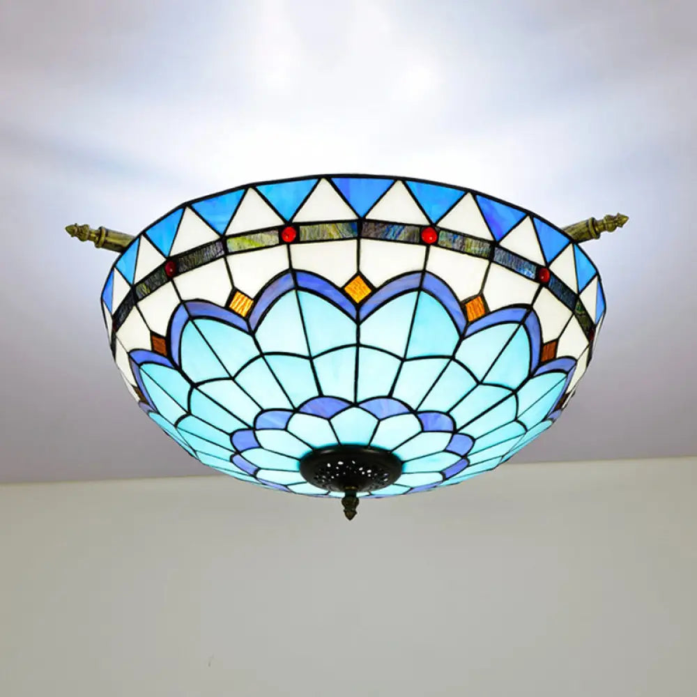 Handcrafted Baroque Dome Semi Flush Mount Ceiling Lamp With 5 Stained Glass Bulbs In White/Blue –