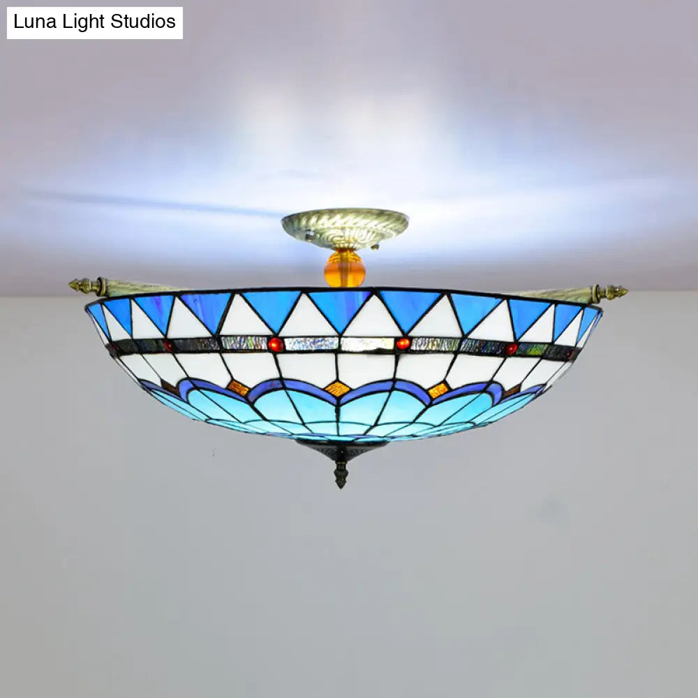 Handcrafted Baroque Dome Semi Flush Mount Ceiling Lamp With 5 Stained Glass Bulbs In White/Blue –