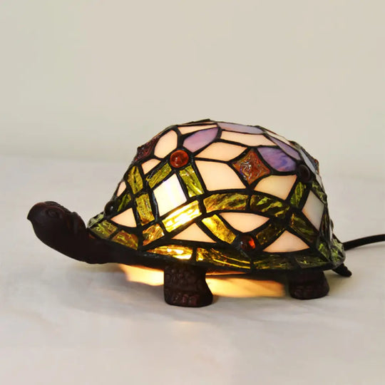 Handcrafted Baroque Turtle Shaped Night Lamp - Stained Glass Table Lighting In White