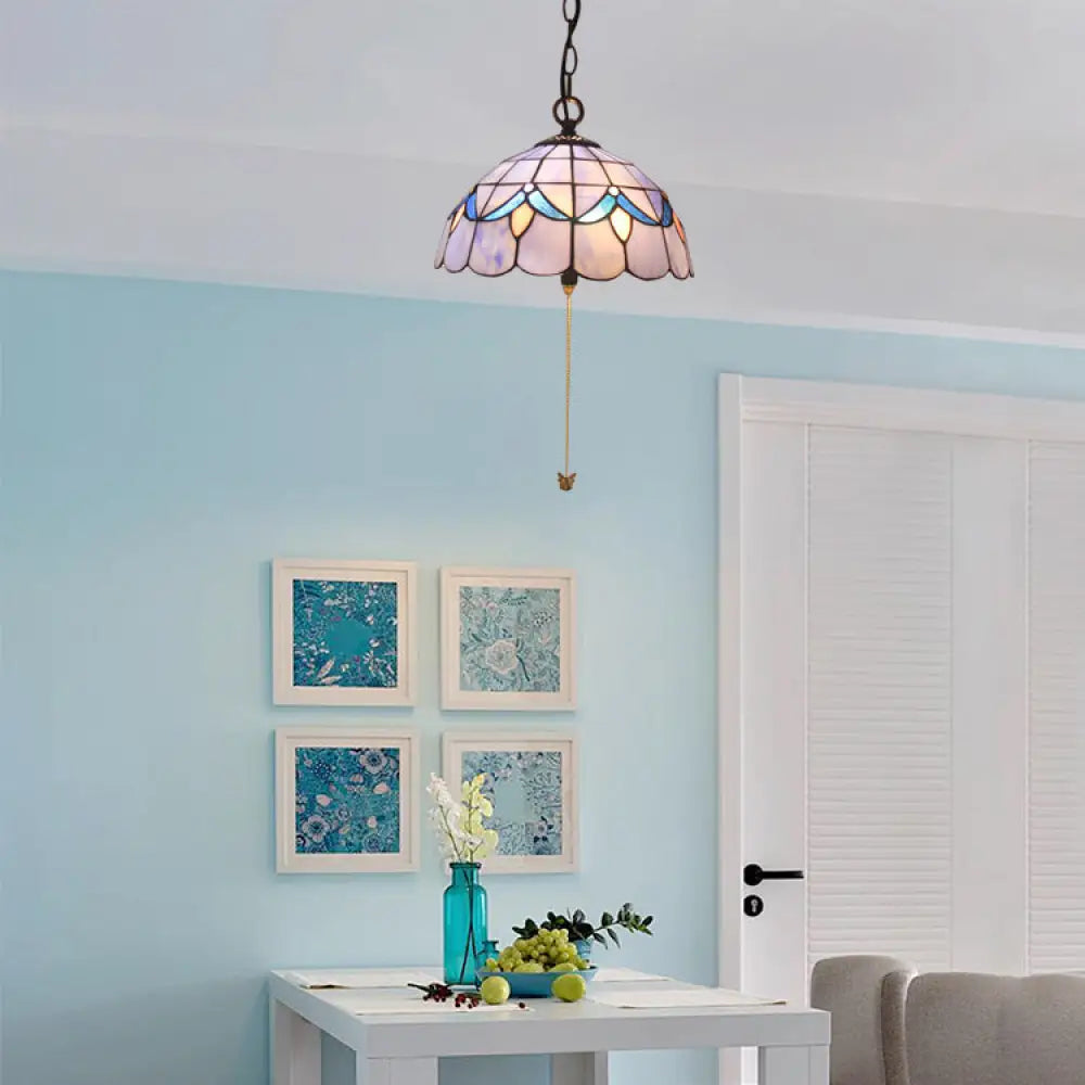 Handcrafted Beige/Blue Art Glass Dome Ceiling Lamp - Antique Pendant Light With Suspension 1 Bulb