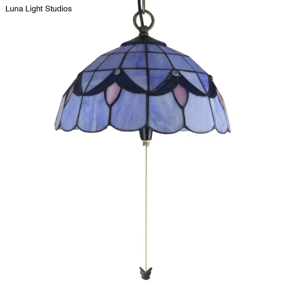 Handcrafted Beige/Blue Art Glass Dome Ceiling Lamp - Antique Pendant Light With Suspension 1 Bulb