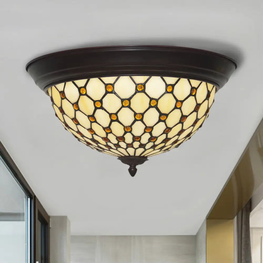 Handcrafted Beige Netting Flush Mount Lamp With Baroque Glass Led Ceiling Light