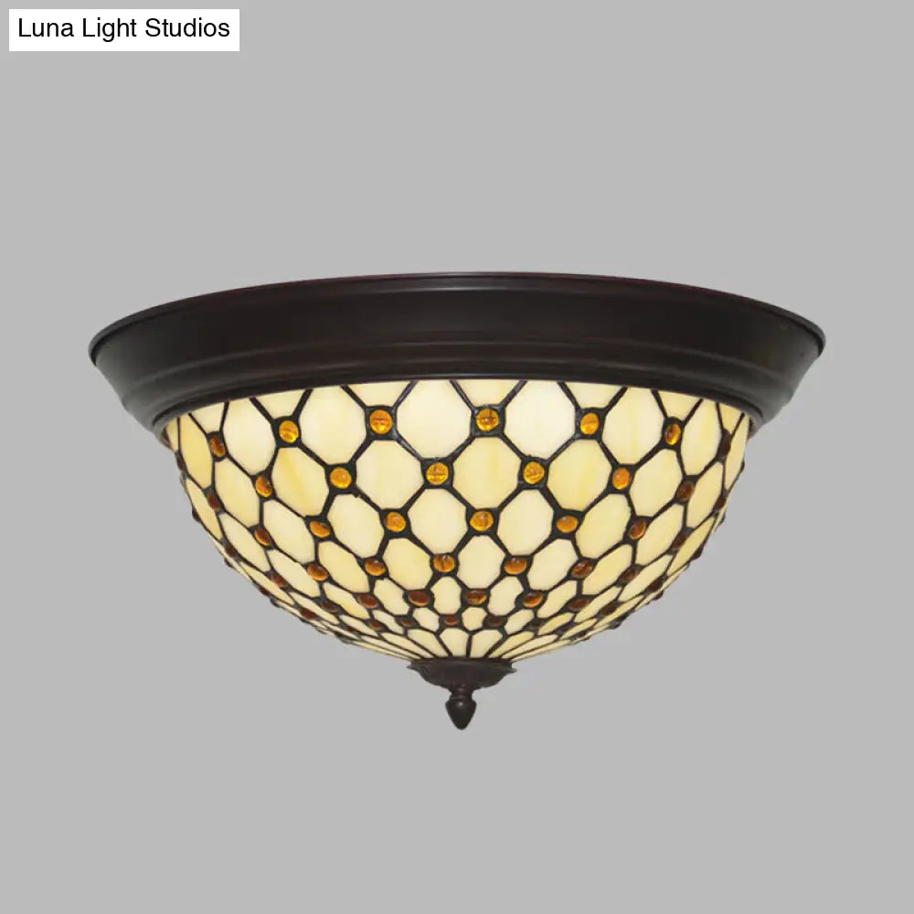 Handcrafted Beige Netting Flush Mount Lamp With Baroque Glass Led Ceiling Light