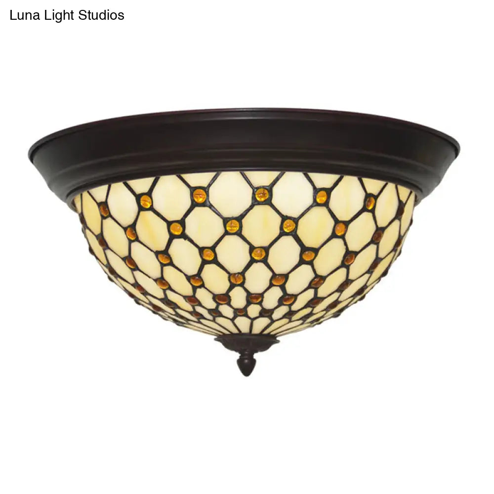 Handcrafted Beige Netting Flush Mount Lamp With Baroque Glass Led Ceiling Light