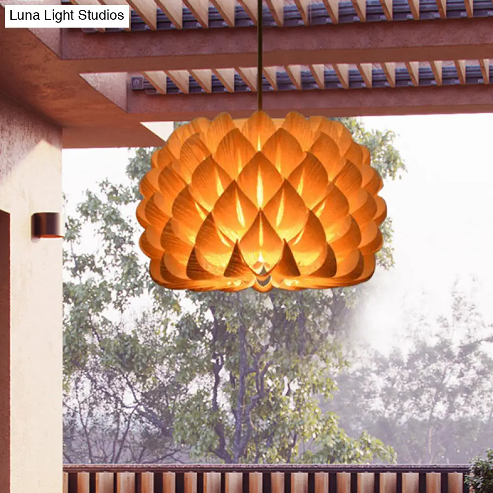 Handcrafted Blooming Wood Pendant Light - Asian 1-Light Beige Fixture