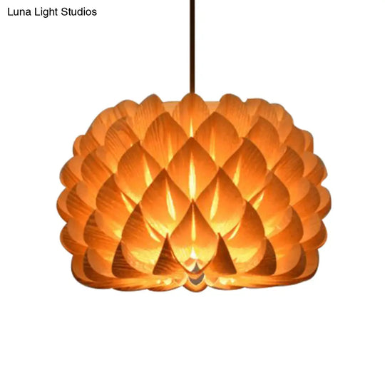 Handcrafted Blooming Wood Pendant Light - Asian 1-Light Beige Fixture