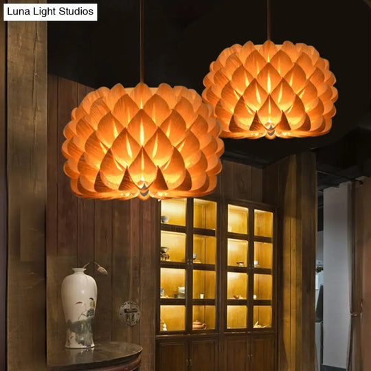 Handcrafted Blooming Wood Pendant Light - Asian 1-Light Beige Fixture