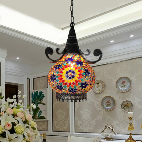 Handcrafted Bohemia Stained Glass Pendant Ceiling Light - Beige/Yellow/Green Royal Blue