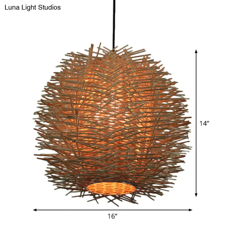 Handcrafted Chinese Rattan Ceiling Light Suspension In Beige - 1 Bulb