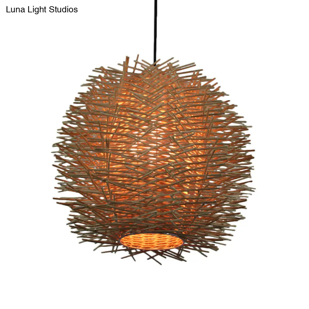 Handcrafted Chinese Rattan Ceiling Light Suspension In Beige - 1 Bulb