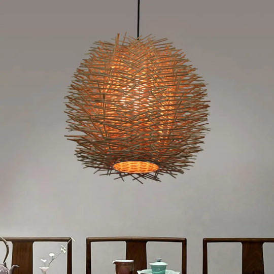 Handcrafted Chinese Rattan Ceiling Light Suspension In Beige - 1 Bulb