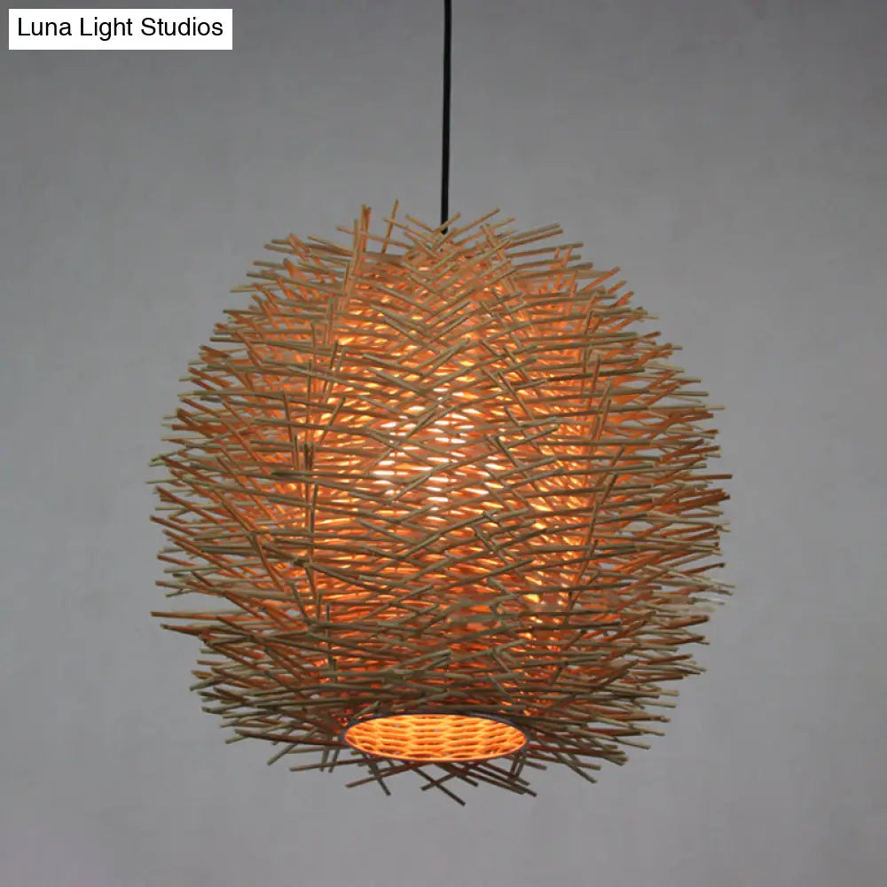 Handcrafted Chinese Rattan Ceiling Light Suspension In Beige - 1 Bulb