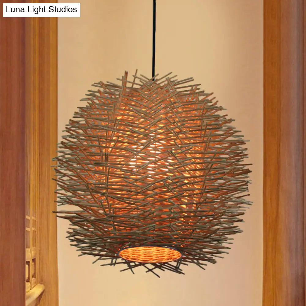 Handcrafted Chinese Rattan Ceiling Light Suspension In Beige - 1 Bulb