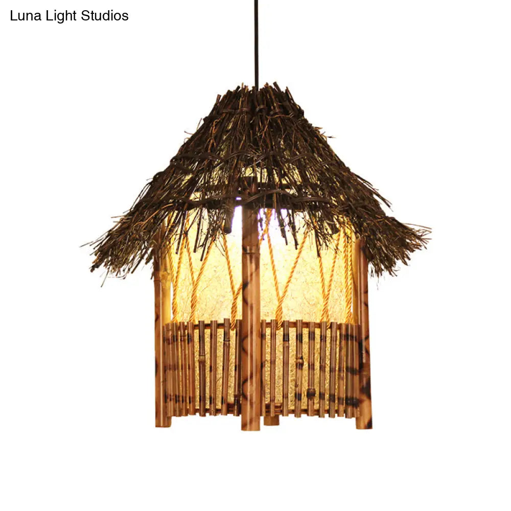 Handcrafted Chinese Wood Pendant Light In Brown