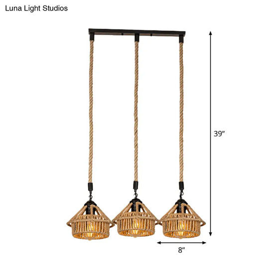 Handcrafted Cottage Brown Rope Pendant Light Fixture - 3/6-Light Mini House Multi Round/Linear