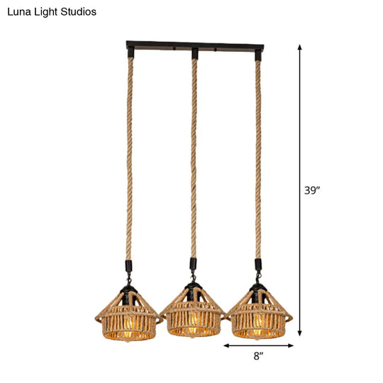 Handcrafted Cottage Brown Multi-Pendant Light Fixture With Rope Detail - Round/Linear Canopy (3/6