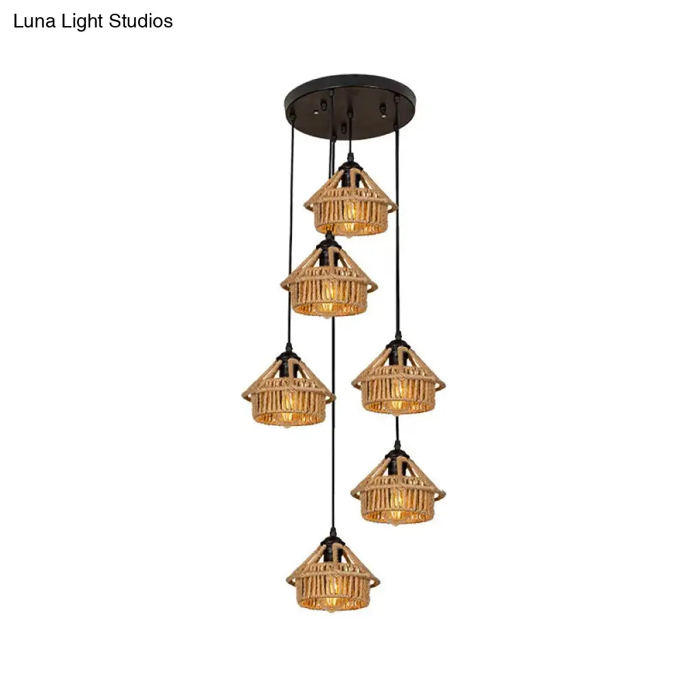 Handcrafted Cottage Brown Multi-Pendant Light Fixture With Rope Detail - Round/Linear Canopy (3/6