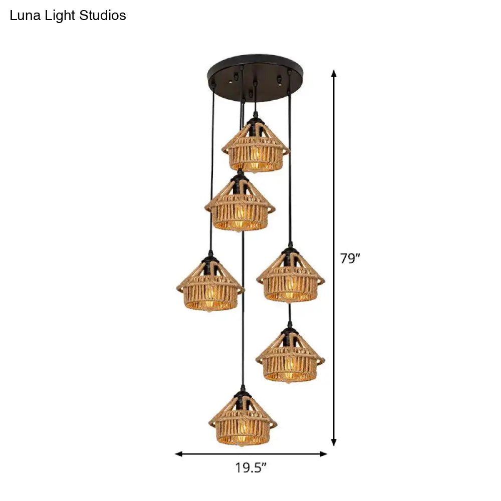 Handcrafted Cottage Brown Rope Pendant Light Fixture - 3/6-Light Mini House Multi Round/Linear