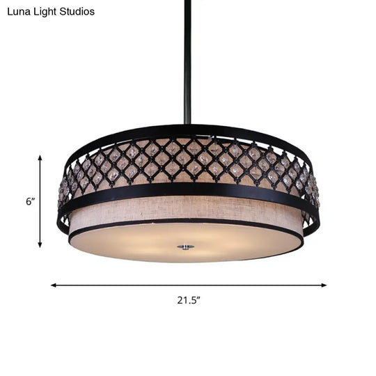 Handcrafted Fabric Drum Pendant Farmhouse Chandelier With Crystal Detailing - 5-Light Bedroom