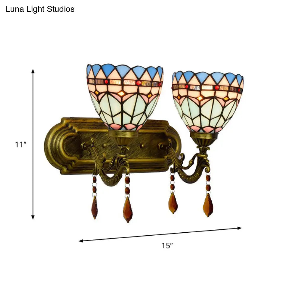 Handcrafted Glass Brass Sconce Light: Geometric 2-Light Tiffany-Style Wall Fixture