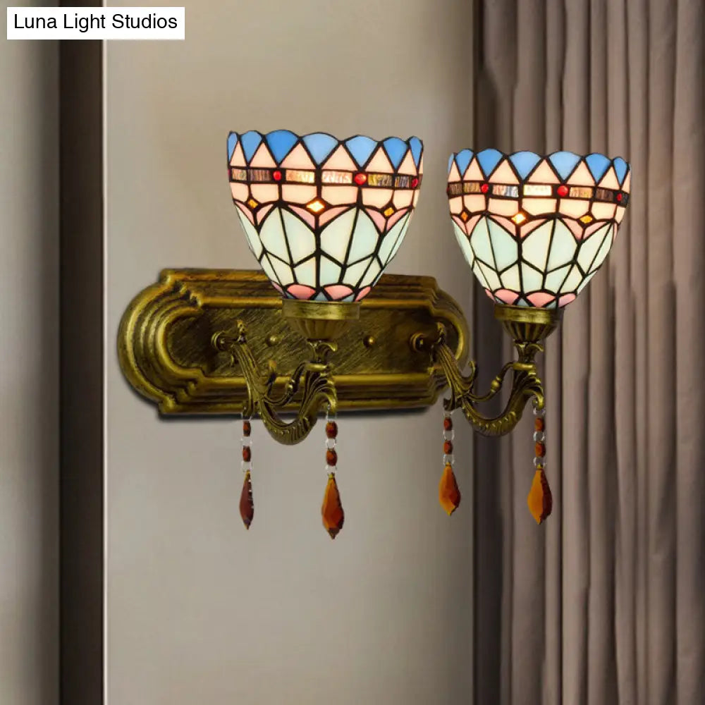 Handcrafted Glass Brass Sconce Light: Geometric 2-Light Tiffany-Style Wall Fixture