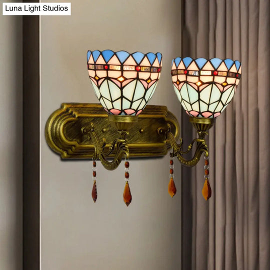 Handcrafted Glass Brass Sconce Light: Geometric 2-Light Tiffany-Style Wall Fixture