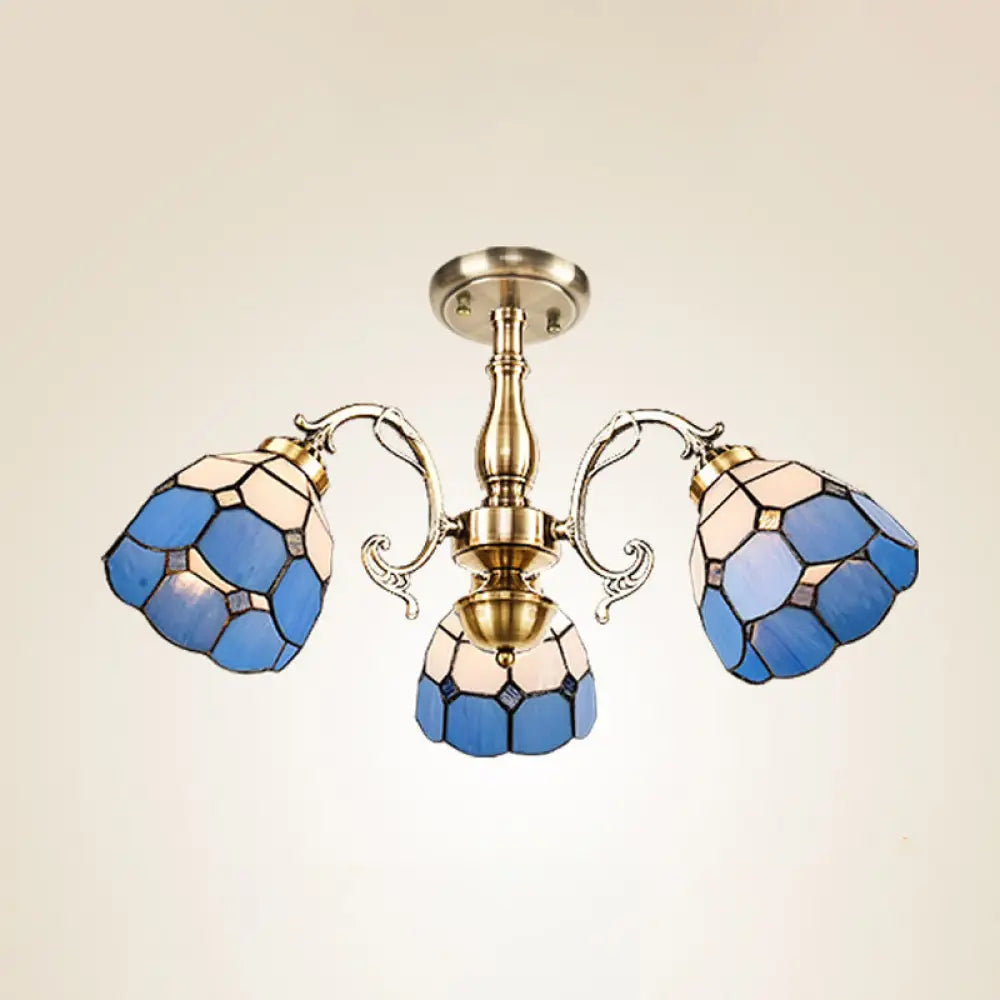 Handcrafted Grid Pattern Art Glass Ceiling Light With Blue Semi Flush Mount - 3/5/11 Heads 3 /