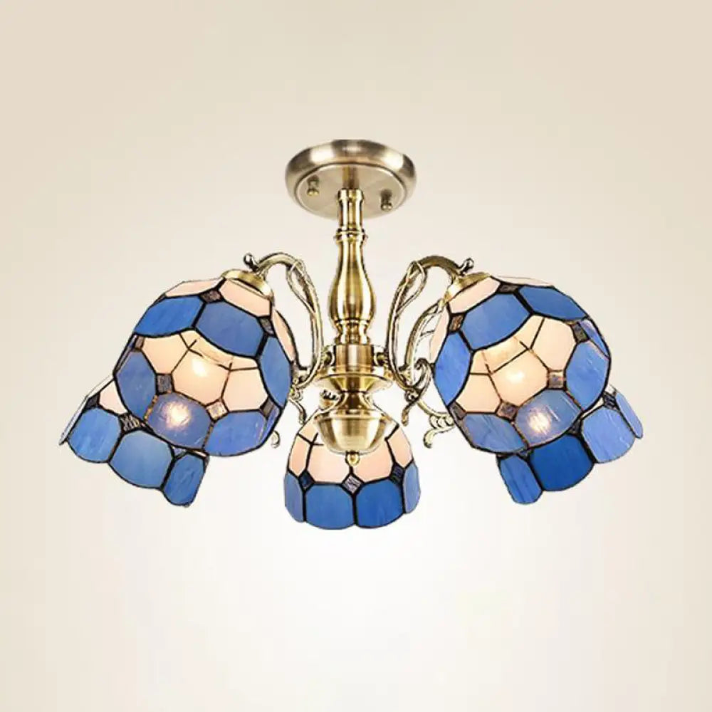 Handcrafted Grid Pattern Art Glass Ceiling Light With Blue Semi Flush Mount - 3/5/11 Heads 5 /