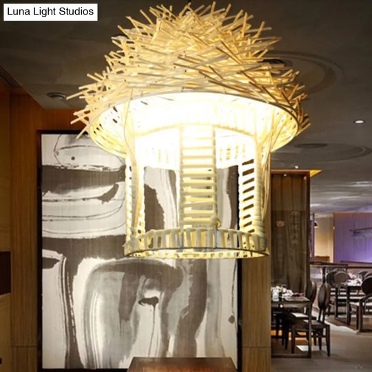 Handcrafted Japanese Bamboo Pendant Lamp In White - 1 Bulb Ceiling Suspension Lighting