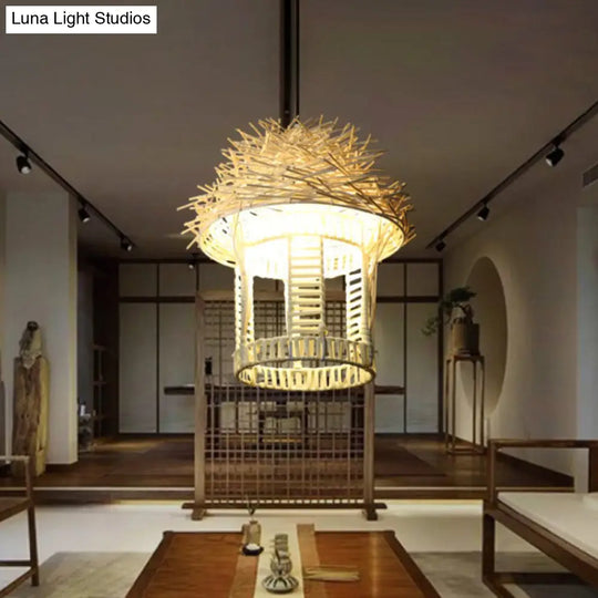 Handcrafted Japanese Bamboo Pendant Lamp In White - 1 Bulb Ceiling Suspension Lighting