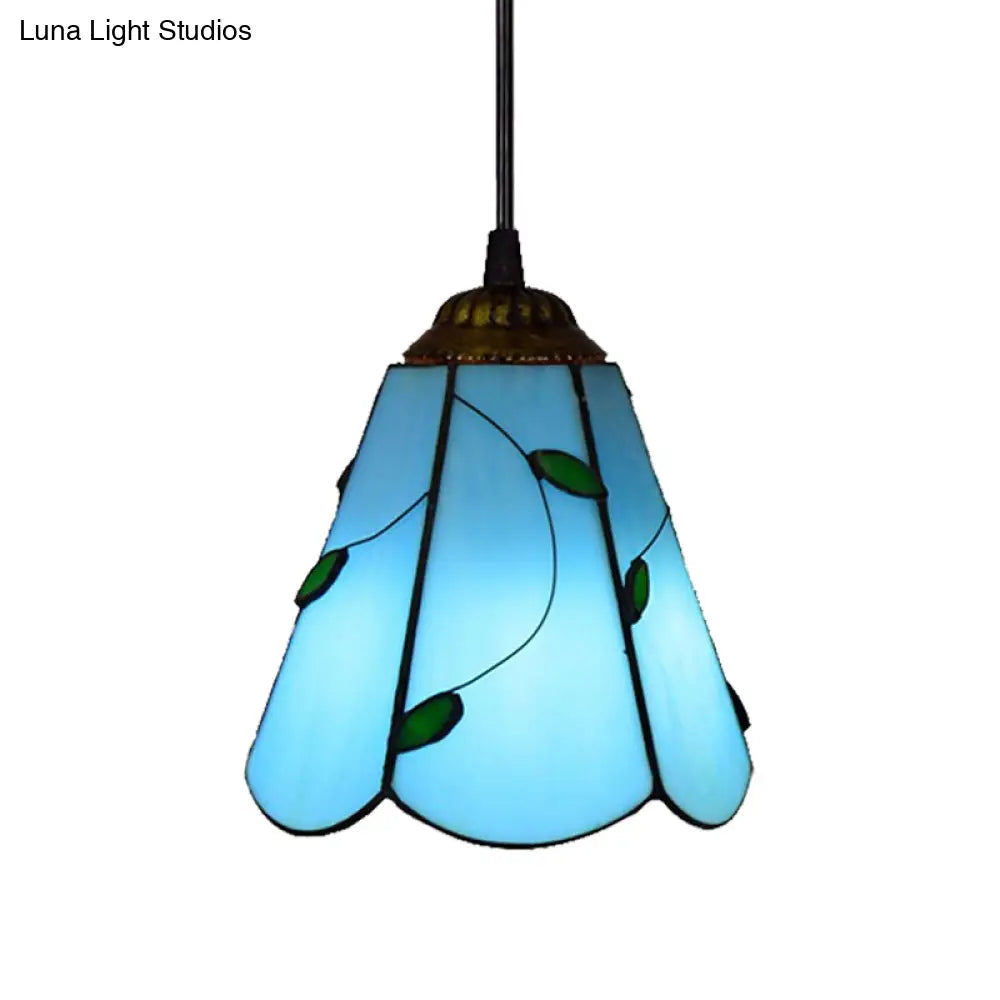 Handcrafted Mediterranean Stained Glass Pendant Light: Blue Cone Design For Bedroom