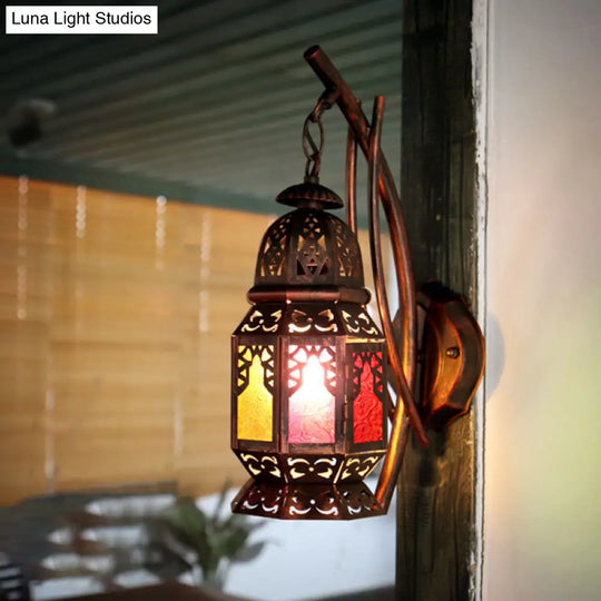 Handcrafted Moroccan Wall Lamp: Stained Art Glass Lantern Copper Finish