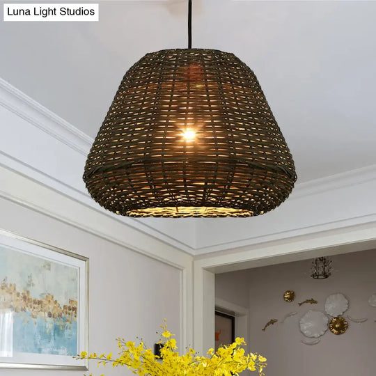 Handcrafted Rattan Bucket Pendant: Rustic Single-Head Brown Hanging Lamp For Restaurants