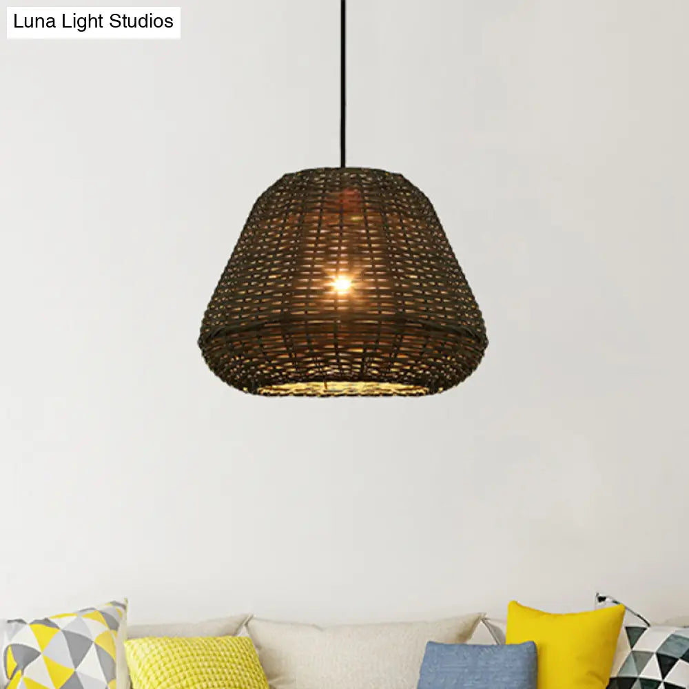 Handcrafted Rattan Bucket Pendant: Rustic Single-Head Brown Hanging Lamp For Restaurants