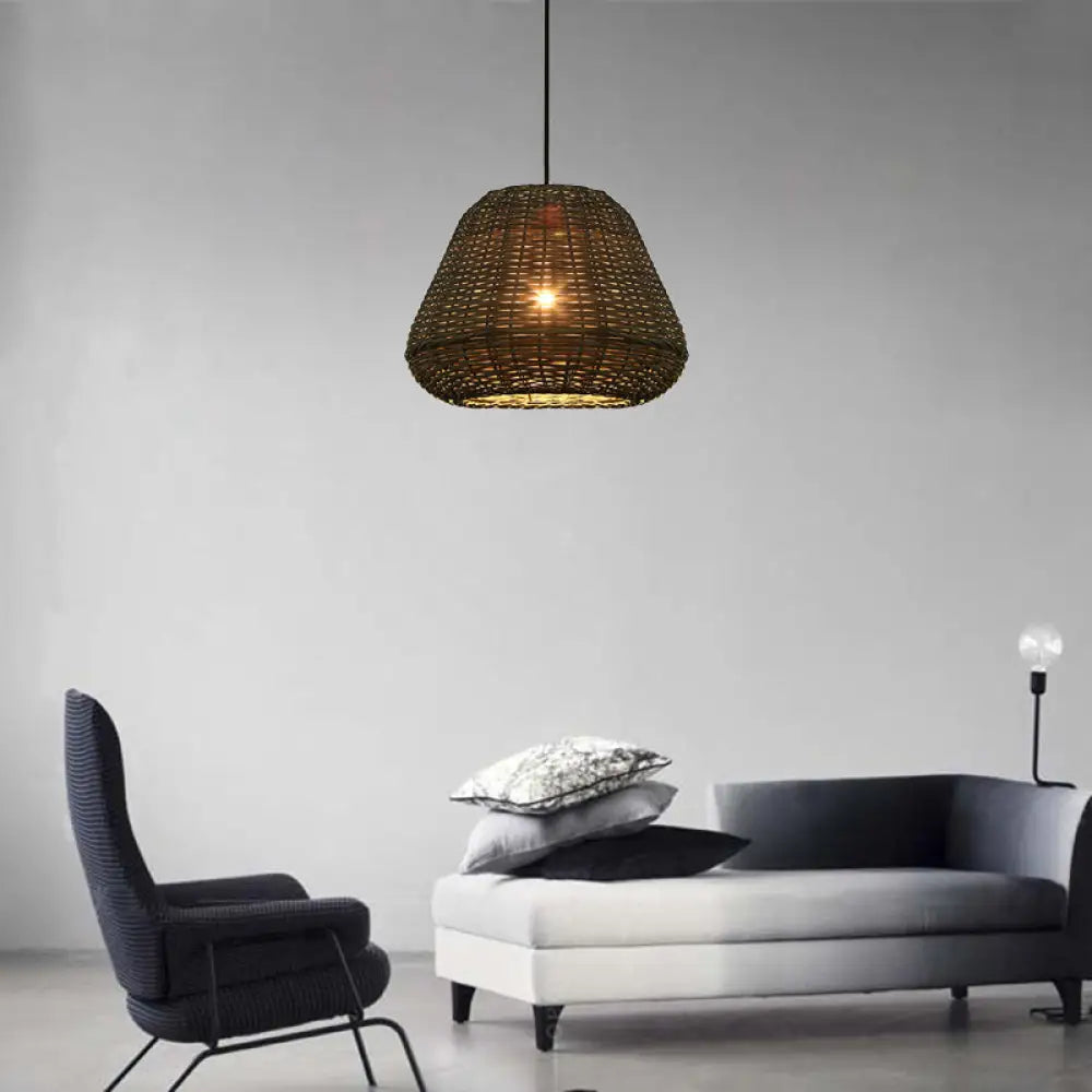 Handcrafted Rattan Bucket Pendant: Rustic Single-Head Brown Hanging Lamp For Restaurants