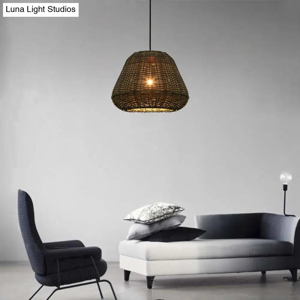 Handcrafted Rattan Bucket Pendant: Rustic Single-Head Brown Hanging Lamp For Restaurants