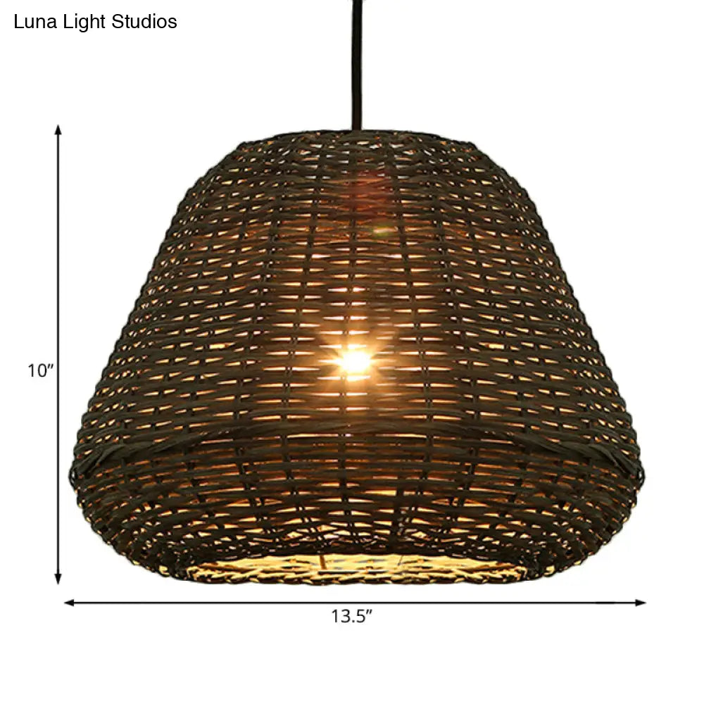 Handcrafted Rattan Bucket Pendant: Rustic Single-Head Brown Hanging Lamp For Restaurants