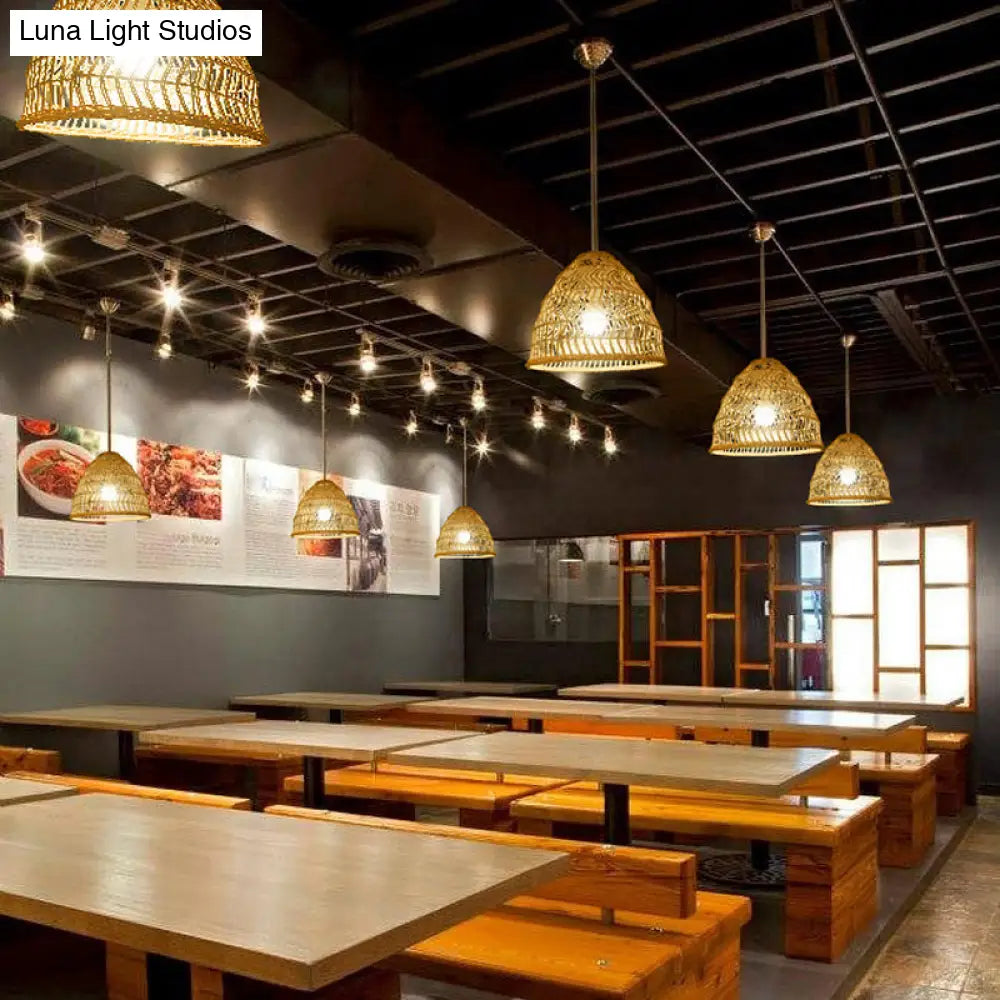 Handcrafted Rattan Suspension Light - Simplicity Wood Pendant Fixture For Restaurants