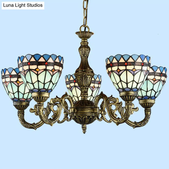 Handcrafted Stained Glass Chandelier With Bronze Finish For Dining Room Ceiling 5 / Up