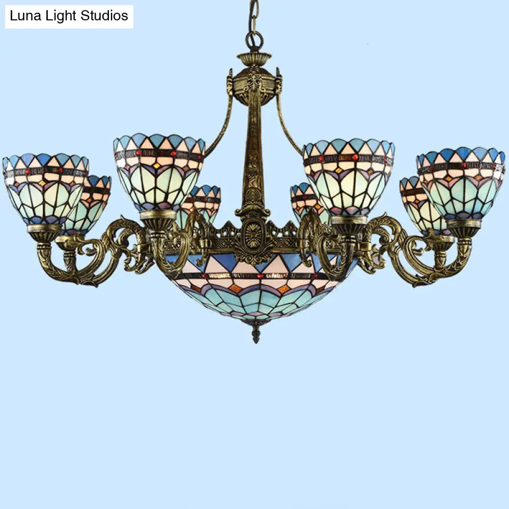 Handcrafted Stained Glass Chandelier With Bronze Finish For Dining Room Ceiling 12 / Up