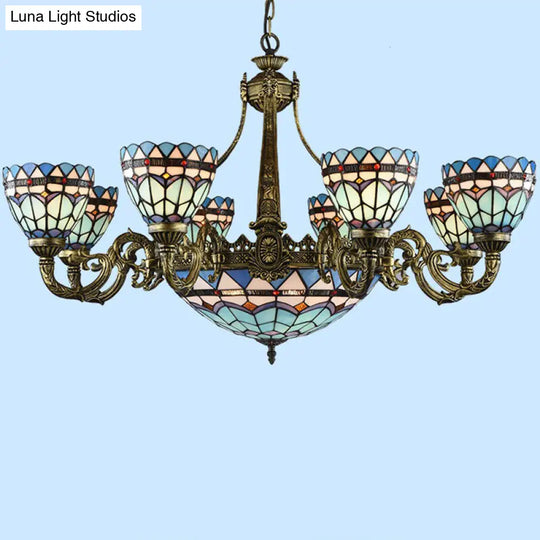 Handcrafted Stained Glass Chandelier With Bronze Finish For Dining Room Ceiling 12 / Up