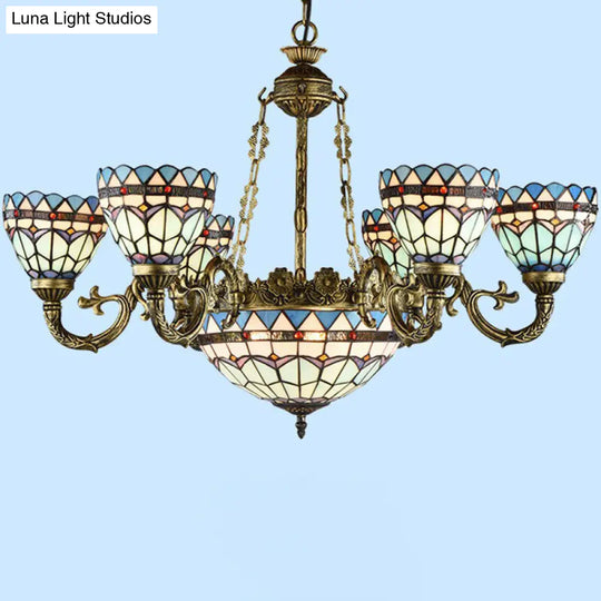 Handcrafted Stained Glass Chandelier With Bronze Finish For Dining Room Ceiling 9 / Up