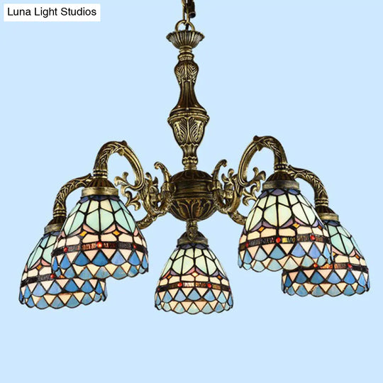 Handcrafted Stained Glass Chandelier With Bronze Finish For Dining Room Ceiling 5 / Down