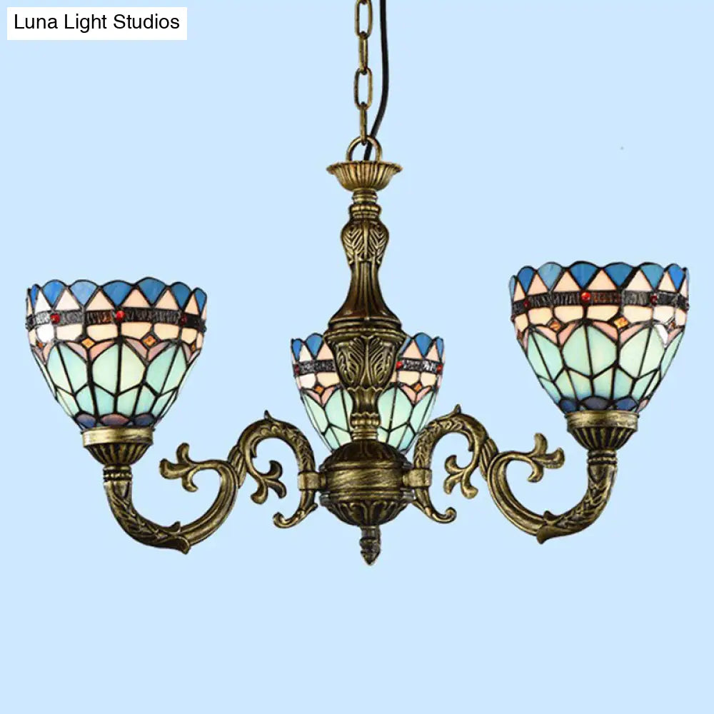 Handcrafted Stained Glass Chandelier With Bronze Finish For Dining Room Ceiling 3 / Up