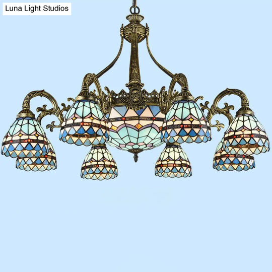 Handcrafted Stained Glass Chandelier With Bronze Finish For Dining Room Ceiling 12 / Down